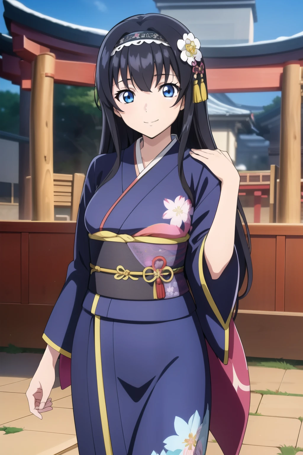 1 girl, cute, black hair, long hair,1girl, ((colorful elegant kimono)), ((flower embroidery print)), ((fur scarf:1.0)), long sleeves, smile, hair band, posing, (anime cels style, Masterpiece, best quality, high resolution, anime colored, anime style, anime sharp, 8k), (beautiful blue eyes:1.5), (perfect detailed anatomy, perfect hand, beautiful face, perfect body, shiny skin), winter shrine in the background, cowboy shot