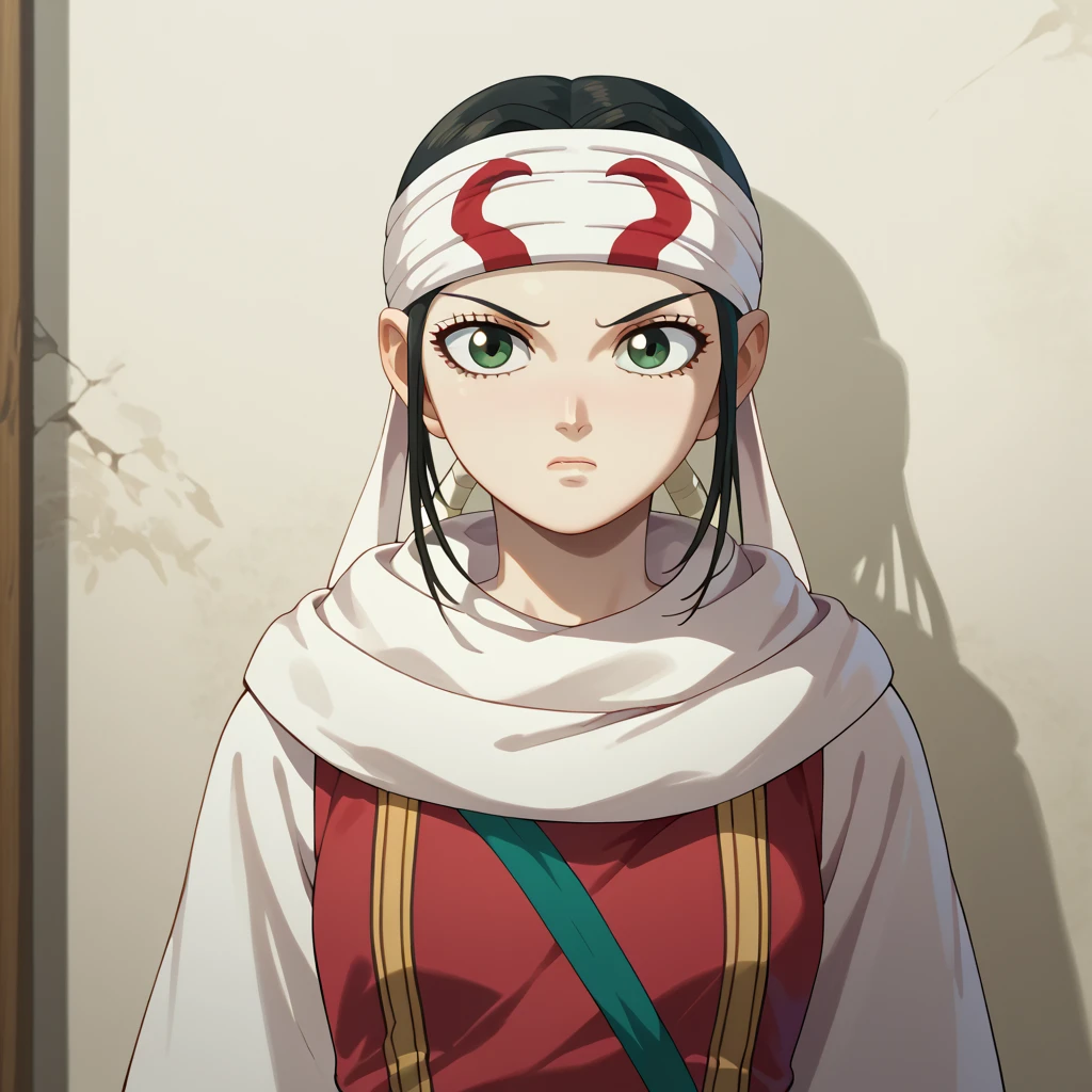 1girl, kyoukai (((((cowl ))))) (((headband))) source_, score_9, score_8_up, score_7_up, score_6_up, BREAK cowl ((((headband on forehead)))) bob cut medium hair standing next to wall looking ahead looking at viewer accurate clothing of image very detailed of clothing high quality clothing very beautiful girl