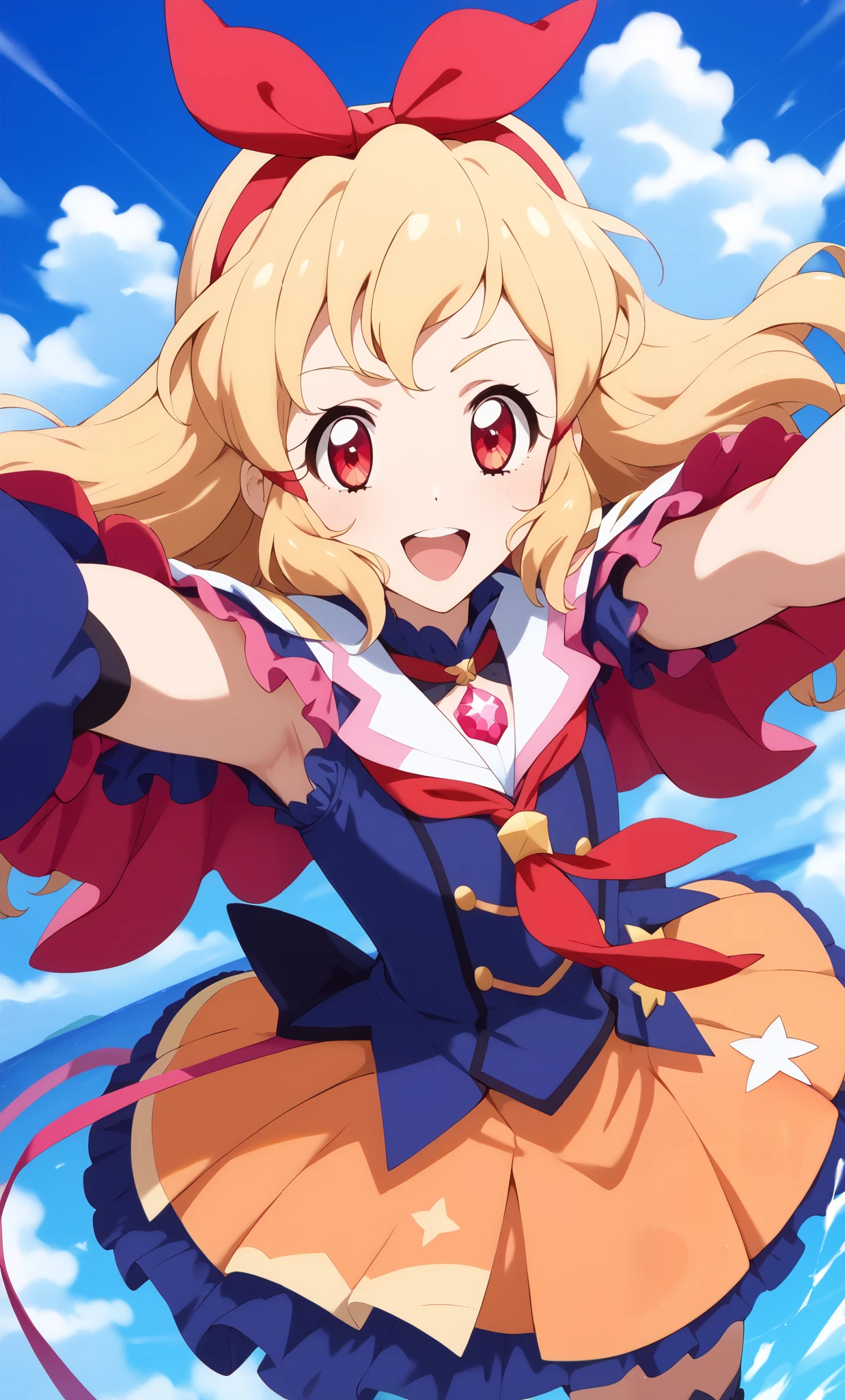 (Red ribbon on hairband: 1.2), Aikatsu, 1 girl, Senki Zesshou Symphogear style, blonde, white battle uniform: 2.2, BREAK, ultra-definition, high resolution, ultra-definition CG, caustics, blue sky stage, Up in the sky, singing, arms outstretched to the sky, Red Eyes, from directly above