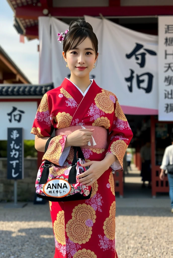 smile, ((colorful Japanese kimono)), ((shrine)), ((first visit of the year to a shrine)), (Holding a bag with “ANNA” written on it with both hands), earring, high resolution, in 8K, prominent areola, RAW  photos in anime colors graphs, top quality, masterpiece, erotic, Knee, Small face, Big Breasted, top quality, 超A  high resolution, RAW photos in anime colors, beautiful, 1 person, very cute, Japanese women, is standing, (realistic1.4), photon mapping, realistic, cute, adult female, written border depth, photos in anime colors, body, Nose Soft, no makeup, Sparkling Eyes, Glossy lips, too bright natural light, bun hair, brighter sun