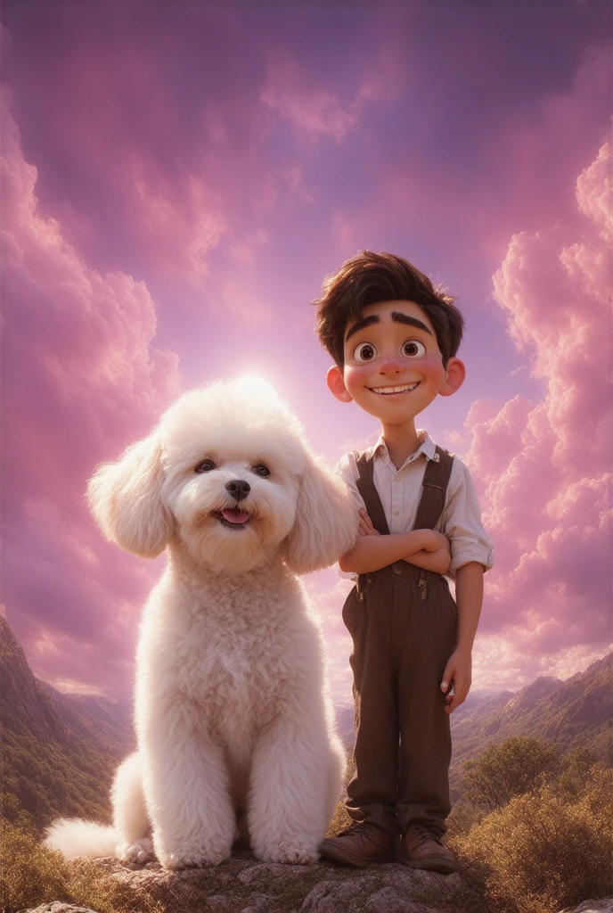 {A toy poodle puppy smiles happily beside a cute American boy}, Grunge, Dreamlike, Cubist, Avant-Garde, A magical sky filled with fluffy pink and purple clouds, a glowing sun rising over the horizon, and golden light spreading across the land.
