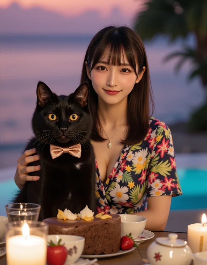 ultra-realistic, photorealistic, dramatic scene, shadow, global-illumination, solo, 1 girl\( 20 years old Japanese beautiful girl, beautiful with cute face, big breasts, wearing tropical patterned one-piece dress, shoulder-length brown hair, accessories, big smile\), 1 human-like giant black cat\( human-like giant black cat, wearing tropical patterned dark colored aloha-shirt, wearing an aloha-shirt, bow tie, slight taller than the girl, with her, little chubby\), the girl and human-like giant black cat are enjoying their gorgeous dinner desert at the fine pool side restaurant in the luxury resort hotel in Maldives, gorgeous stylish furnishings, famous 5-star hotel, amazing view of the ocean with pool, extremely beautiful sunset, purple and pink sky, many beautiful tropical flowers are floating on the pool, candle, (a cute cat's face shaped large chocolate sponge cake with toppings), tea set