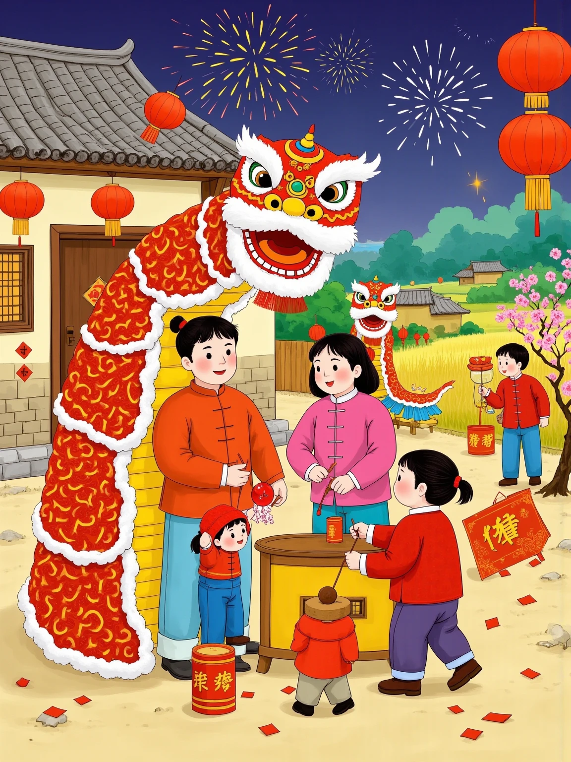 The snake bends into a number  "2025,"  a family of four , creates a Chinese New Year atmosphere .  This illustration uses a flat and colorful style,With geometric patterns.  The lines and shapes are eye-catching , with vibrant colors , The cartoon image combines traditional art elements , expresses vividness and vivacity ,red