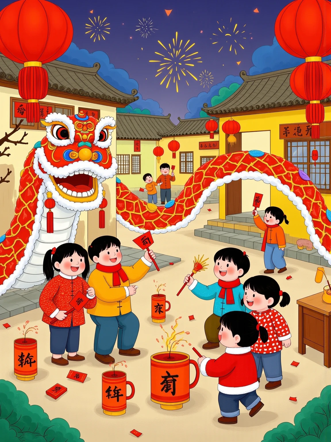 The snake bends into a number  "2025,"  a family of four , creates a Chinese New Year atmosphere .  This illustration uses a flat and colorful style,With geometric patterns.  The lines and shapes are eye-catching , with vibrant colors , The cartoon image combines traditional art elements , expresses vividness and vivacity ,red