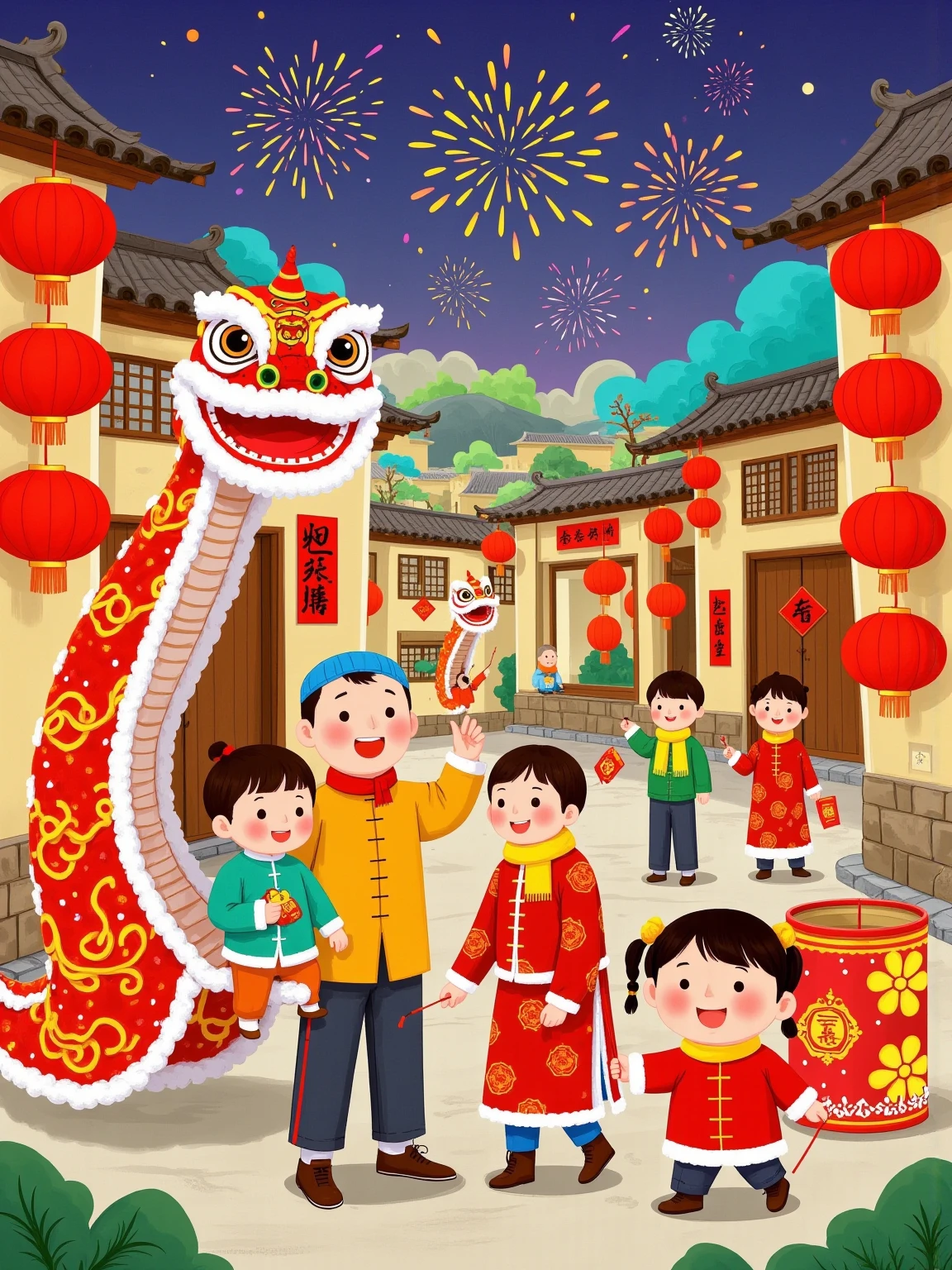 The snake bends into a number  "2025,"  a family of four , creates a Chinese New Year atmosphere .  This illustration uses a flat and colorful style,With geometric patterns.  The lines and shapes are eye-catching , with vibrant colors , The cartoon image combines traditional art elements , expresses vividness and vivacity ,red