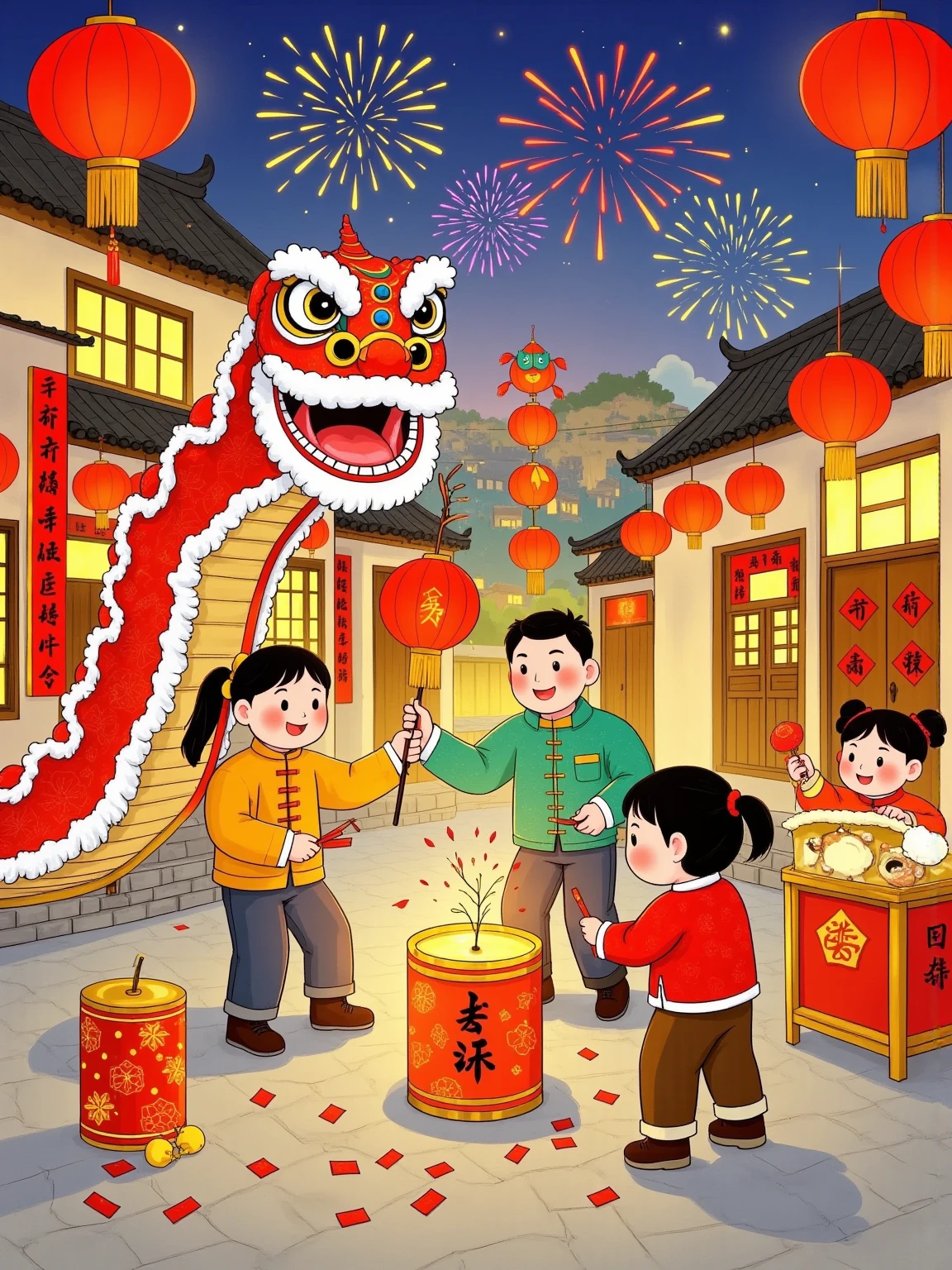 The snake bends into a number  "2025,"  a family of four , creates a Chinese New Year atmosphere .  This illustration uses a flat and colorful style,With geometric patterns.  The lines and shapes are eye-catching , with vibrant colors , The cartoon image combines traditional art elements , expresses vividness and vivacity ,red