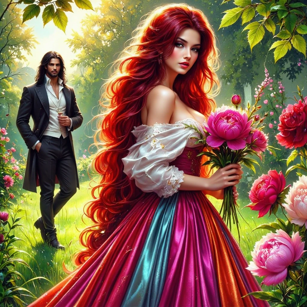  Glossing full-waist Full-body digital realistic illustration . A beautiful 18-year-old flirting woman in a contrasting bright colorful organza and satin satin dress with SHINY STRAIGHT red hair is standing on the grass, holding flowers in his hands. A handsome massive BRUTAL SEXY man with long black hair looks at her, in a white shirt ,pants and boots .  Victorian garden with peonies . Sunlight illuminates every blade of grass ,leaf, flower. BRIGHT,textural, three-dimensional , bright rich complementary colors .  flowing hair .textural.  correct anatomy proportions .right hands .  Model beautiful faces . The overall color palette is creating a vivid and haunting visual experience. The illustration is rich in detail, with textures that mimic real fabric and stone, enhancing the realism of the scene.