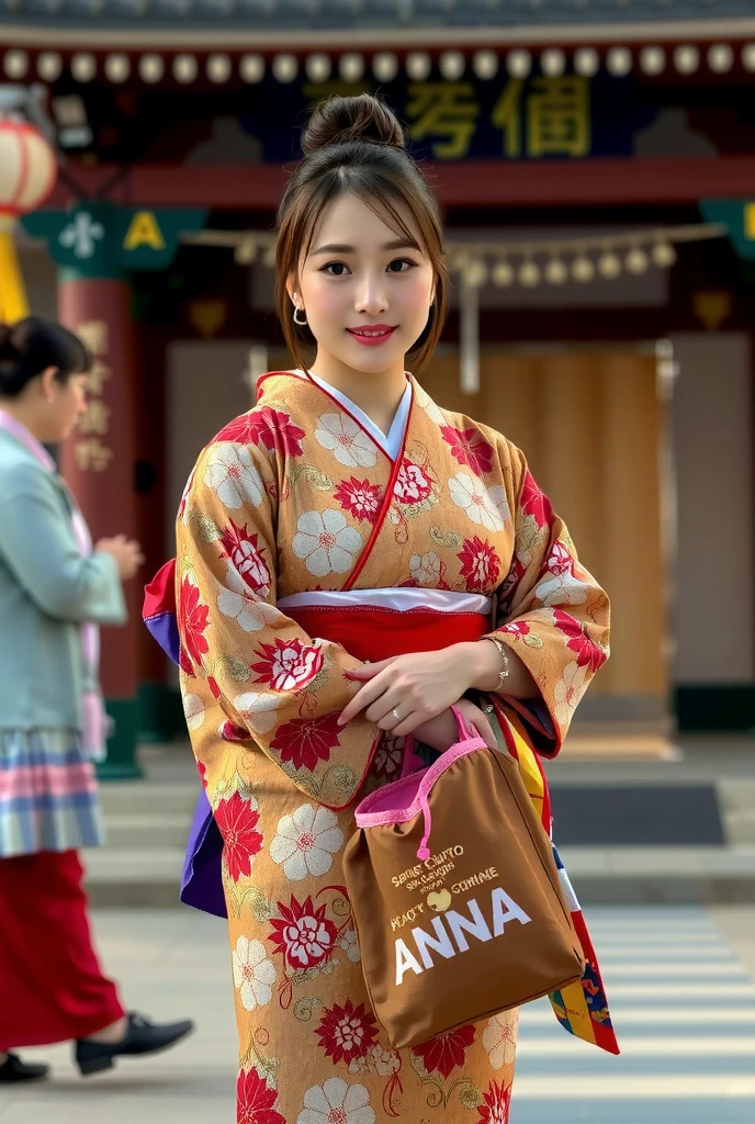 smile, ((colorful Japanese kimono)), ((japan shrine)), ((first visit of the year to a japan shrine)), (Holding a bag with “ANNA” written on it with both hands), earring, high resolution, in 8K, prominent areola, RAW  photos in anime colors graphs, top quality, masterpiece, erotic, Knee, Small face, Big Breasted, top quality, high resolution, RAW photos in anime colors, beautiful, 1 person, very cute, Japanese women, is standing, (realistic1.4), photon mapping, realistic, cute, adult female, written border depth, photos in anime colors, body, Nose Soft, no makeup, Sparkling Eyes, Glossy lips, too bright natural light, bun hair, brighter sun