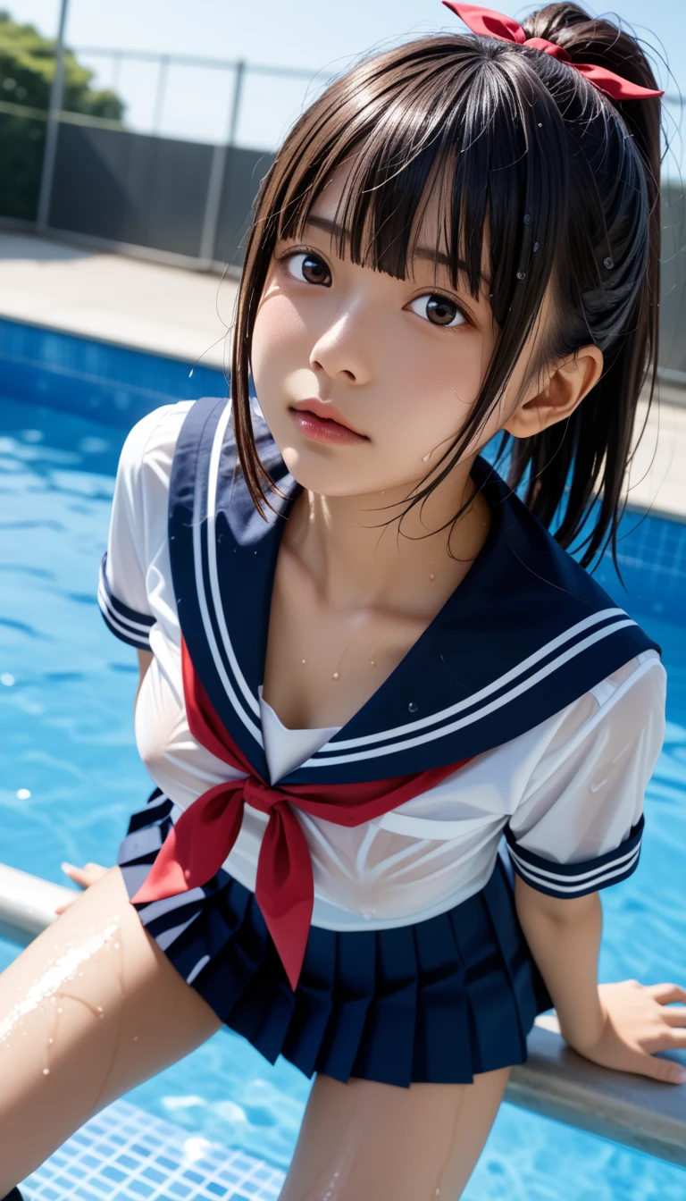  wet、masterpiece 、  top quality  、 Super high resolution、 realistic、 beautiful lighting arranged in an orderly manner、  RAW photos 、4K Ultra HD、  super detailed face、Clear Face、Detailed eye、 beautiful eyes、1080P、 tan dark skin 、 black hair,   wet hair、 short bob cut , bangs、 Ponytail、 horny 、 young gravure idol who lost weight、、 red headband、 white gloves、((( taut chest、Separated Breasts 、 tight breasts)))、((( viewersに近づけるようにお口を持っていきます)))、((( wet hair ))),((( blue sky)))、(((wet Japanese elementary school girl 、  navy sailor color 、wet sailor shirt、 wet pleated skirt 、 black knee socks、Wear black shorts)))、 Japanese Elementary School Girls Wearing School Uniforms、((small outdoor pool 、 viewersを見つめながら顔を近づけキスをする)) break ( messy bun  ) break ((( EXTREME FACE UP SHOT ,  viewers, the above ))), ((  viewersに腕を伸ばす、Kneel))、( perfect anatomy)、 break ((Upper eyelid))、((( midi skirt)))、 thin beautiful thighs 、 beautifully manicured hair 、 oily skin 、Five fingers