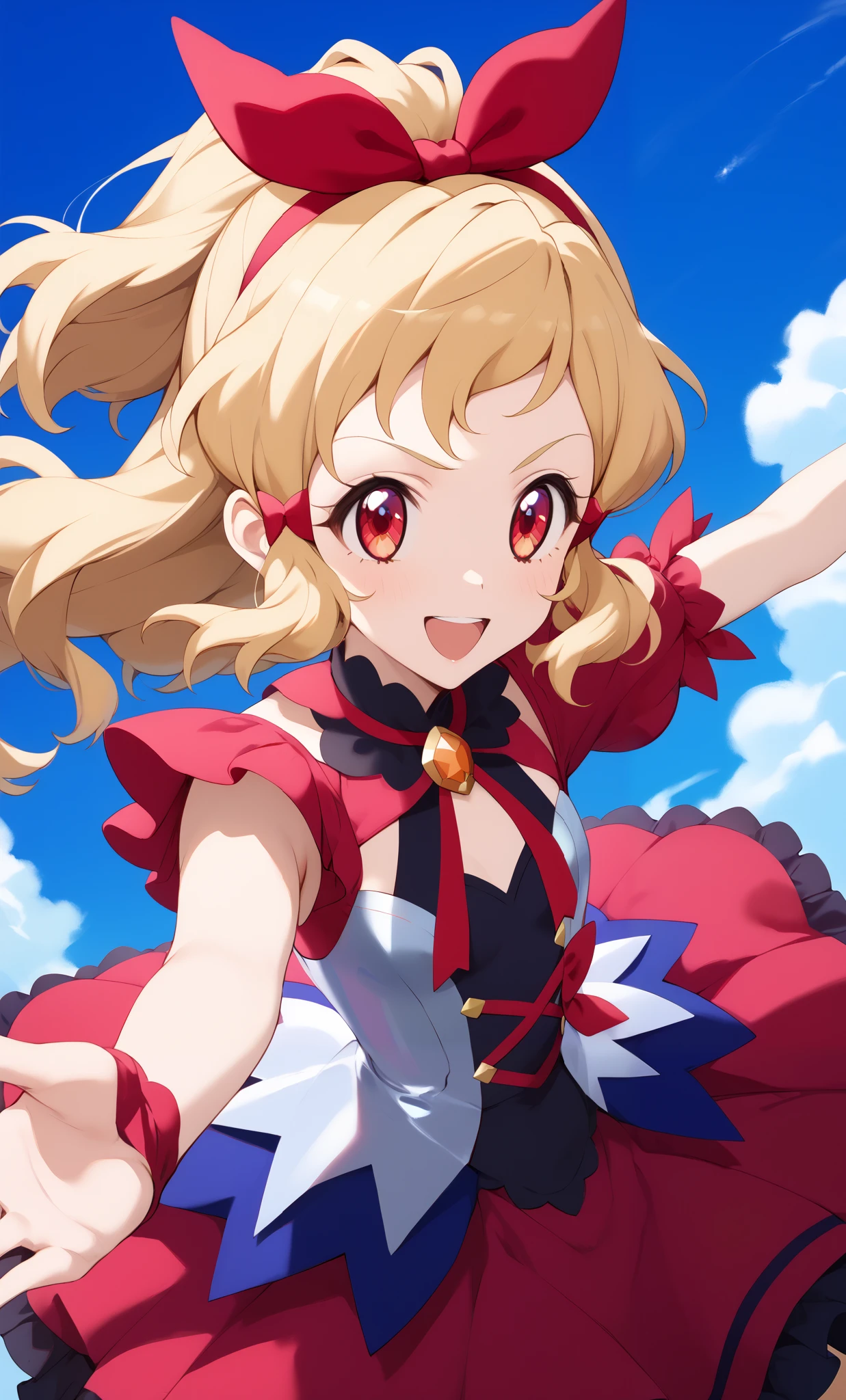 (Red ribbon of headband: 1.2), Aikatsu, 1 girl, Senki Zesshou Symphogear style, blonde, metallic idol dress: 2.2, BREAK, ultra-definition, high resolution, ultra-definition CG, caustics, blue sky stage, up-in・The sky, singing, arms stretched out to the sky, looking up from directly above, red eyes