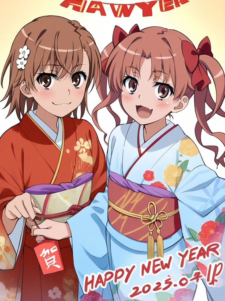 masterpiece, best quality, two girls, misaka mikoto, toaru kagaku no railgun, shirai kuroko, toaru kagaku no railgun, Furisode, party, party, new year party, new year party 2025, happy, a happy new year,