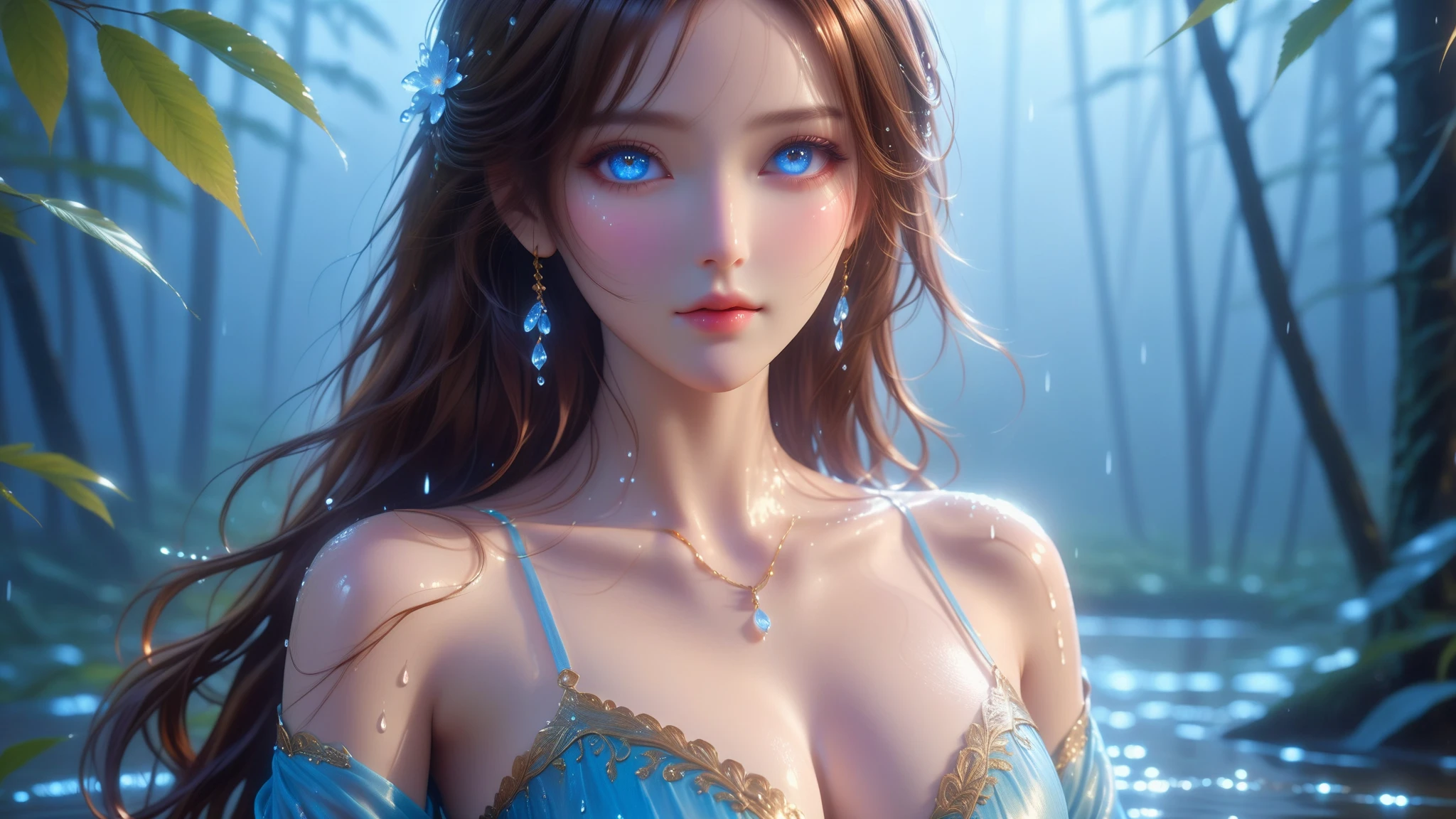 A Masterpiece In 32K Resolution, Supreme Quality, Super Detail, Official Art, Very High-Resolution 32K Wallpaper, Elegant And Aesthetic, Ultra-Detailed Features, Awe-Inspiring Detail. A Scene Of Serenity, With Gentle Rain, Soft Mist Rising, And Skin With A Satin-Like Texture Highlighting Her Ample Breasts. A Girl With A Calm Expression, Highlighting Her Ample Breasts, Chestnut Brown Hair, Flowing Gracefully In The Breeze, And Sky Blue Eyes, Captivating The Viewer. Her Features Are Delicate And Radiant, Illuminated By Radiant Moonlight. Exquisitely Detailed Beauty, With Expressions Full Of Depth, Set In A Lush Forest Environment. The Reflections On The Wet Surface Enhance The Scene’s Sublime Details, With Body Shape Her Exquisite Highlighted In Every Aspect. This Original Artwork Features Ultra-Precise Craftsmanship, Displaying An Incredibly Detailed And Harmonious Figure.