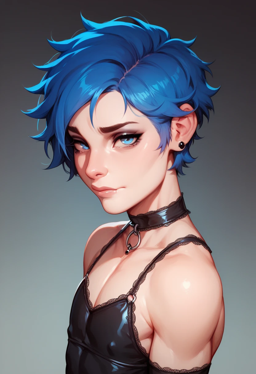 Handsome   boy
Effeminate
Blue eyes
Short, messy blue hair with black gradient , wearing gothic feminine clothing ,Slim and delicate body, Looking at the viewer,Sad, submissive look, femboy, femboy, Light smile  
