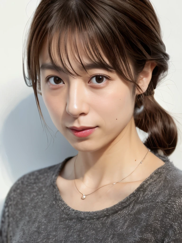 ( Extremely Realistic Photos , high resolution, detailed face , beautiful eyes), Taken in front of a white wall 、 Japanese woman , 40 years old, Various expressions, Alone:1, slim figure, Various hairstyles, casual clothes, One of the people in the photo、 long sleeve dress、 Shot in natural light、 simple necklace 、Spring clothes、 don't look at the camera 、 profile、 dark brown hair color