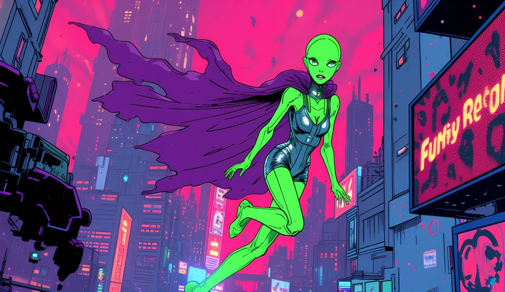 A comic-style depiction of a retro-futuristic alien, soaring through a vibrant cosmic cityscape. The alien has a sleek, humanoid appearance with glowing neon-green skin, wearing a shiny silver jumpsuit with a purple cape flowing behind them. Their expression is confident and charismatic, radiating funk energy. The background displays towering, otherworldly skyscrapers, flying cars with colorful lights, and a holographic billboard displaying funky retro symbols and pulsating patterns. The overall atmosphere suggests a dynamic, electrifying scene reminiscent of a retro sci-fi comic book or animated