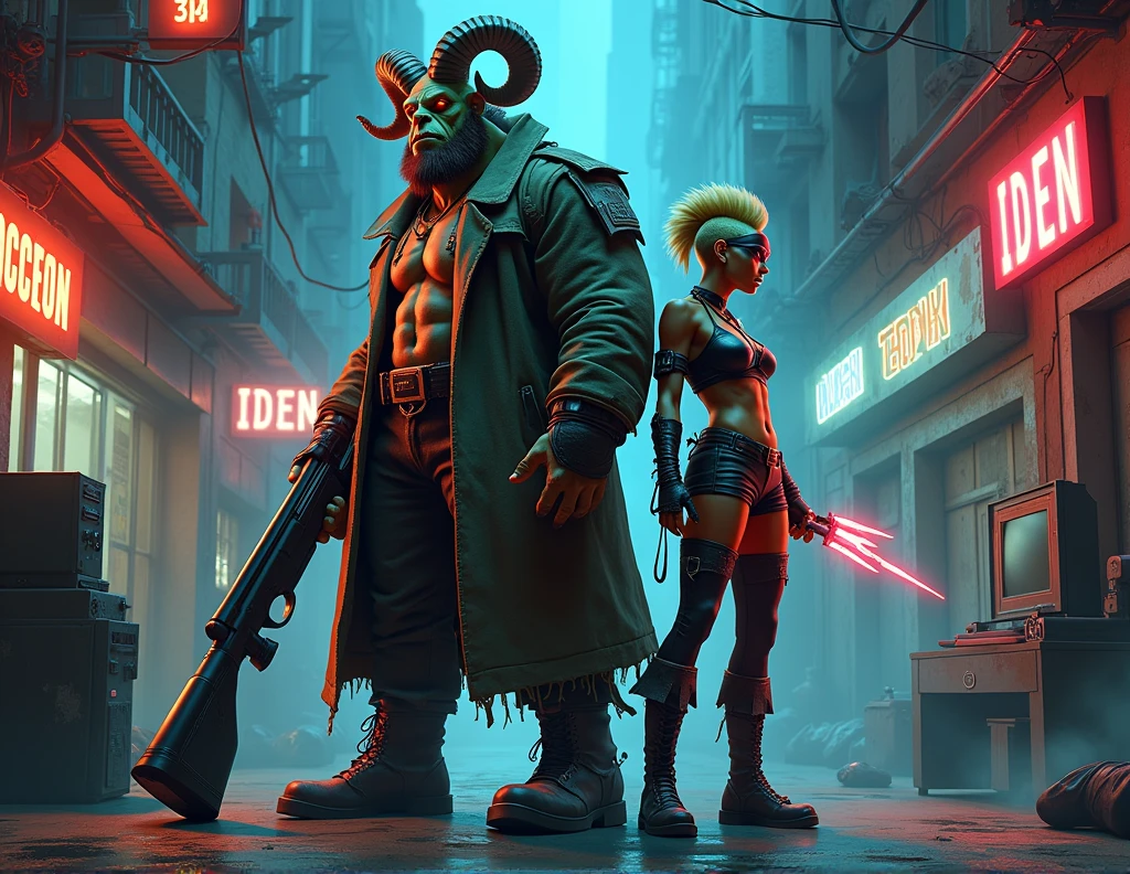 tall troll_man, horns and tusks, wearing leather jacket, talking to short human_woman at a bar, leather clothes, (cyberpunk:1.2), teal, neon signs <lora:Neon_Cyberpunk_SDXL_-_Trolls:0.8>, (masterpiece:1.2), best quality, (hyperdetailed, highest detailed:1.2), high resolution textures