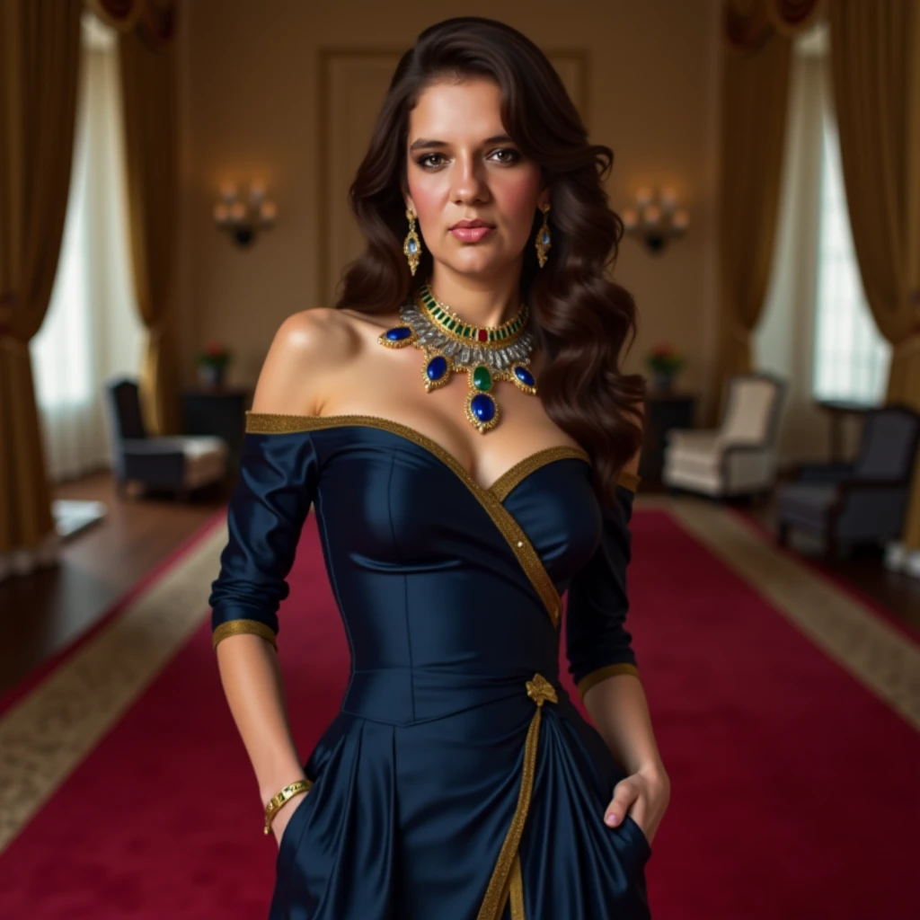 best quality, masterpiece, official art, professional, Astonishing, Very detailed, Very detailed, fine details, Super detailed, 8k wallpaper, high resolution, (actual, photo-actual:1.4), original photo, whole body, The queen wears a black silk dress,A gold-trimmed fur shawl draped over the shoulders, Noble and mysterious. Smile, confidently, Hold the glass gracefully