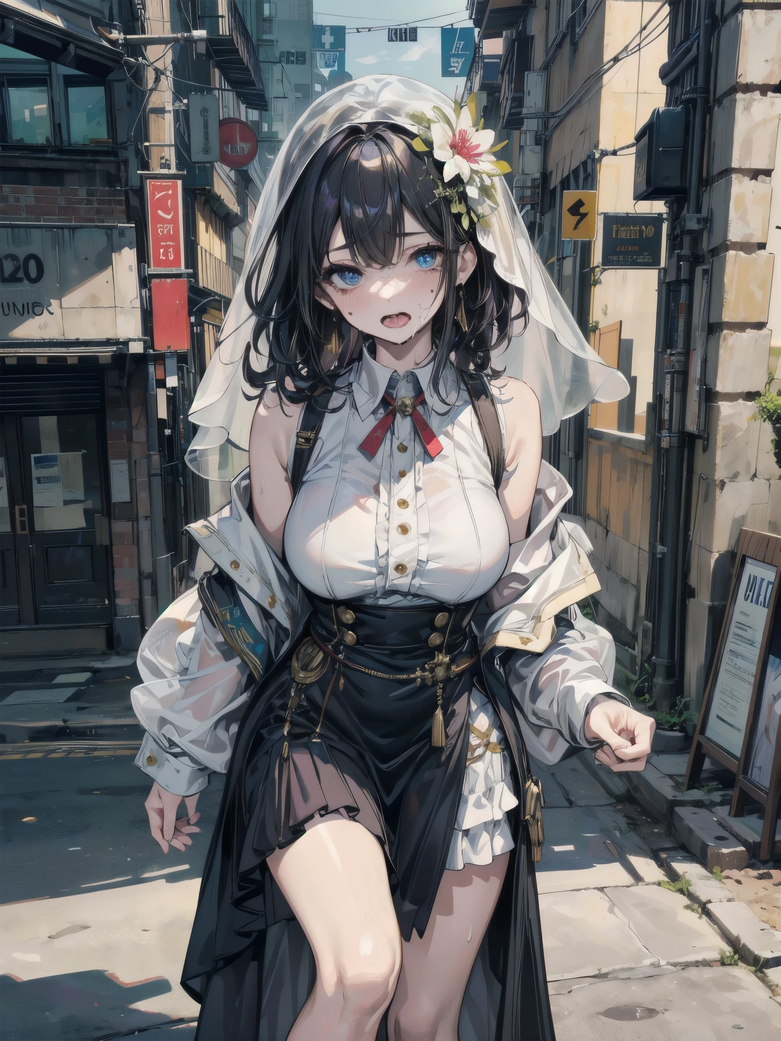 Highly detailed CG Unity 8k wallpaper, Top quality, Highly detailed, Masterpiece, Highly detailed pretty girl, , (((lifting skirt by herself))), (lifting skirt by herself)), dynamic angles, sexy pose, sh, lips apart, looking at audience, half body shot, (crowd), (crowded big city)), hair over one eye, immaculate beauty, less revealing maid outfit, classical maid fashion