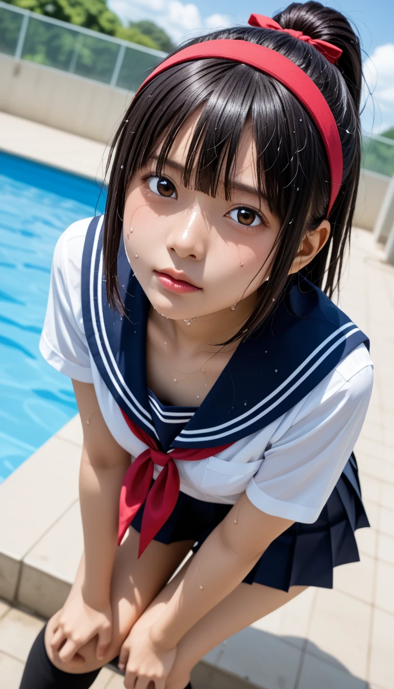  wet、masterpiece 、  top quality  、 Super high resolution、 realistic、 beautiful lighting arranged in an orderly manner、  RAW photos 、4K Ultra HD、  super detailed face、Clear Face、Detailed eye、 beautiful eyes、1080P、 tan dark skin 、 black hair,   wet hair、 short bob cut , bangs、 Ponytail、 horny 、 young gravure idol who lost weight、、 red headband、 white gloves、(((Tight flat chest 、 tight breasts)))、((( viewersに近づけるようにお口を持っていきます)))、((( wet hair ))),((( blue sky)))、(((wet Japanese elementary school girl 、  navy sailor color 、 wet sailor shirt、 wet pleated skirt 、 black knee socks、Wear black shorts)))、 Japanese Elementary School Girls Wearing School Uniforms、((small outdoor pool 、 viewersを見つめながら顔を近づけキスをする)) break ( messy bun  ) break ((( EXTREME FACE UP SHOT ,  viewers, the above ))), ((  viewersに腕を伸ばす、Kneel))、( perfect anatomy)、 break ((Upper eyelid))、((( midi skirt)))、 thin beautiful thighs 、 beautifully manicured hair 、 oily skin 、Five fingers