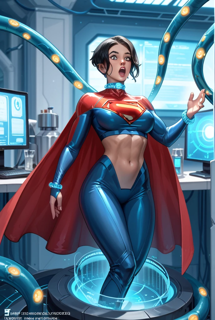 Supergirl's body defined thick thighs and cybernetic body parts, short underwear, (((morena com olhos verdes))), Superman S symbol on the chest, ((cabelo comprido)), 1 girl, one eye closed, blush, open mouth, drowsy, panting, heavy breath