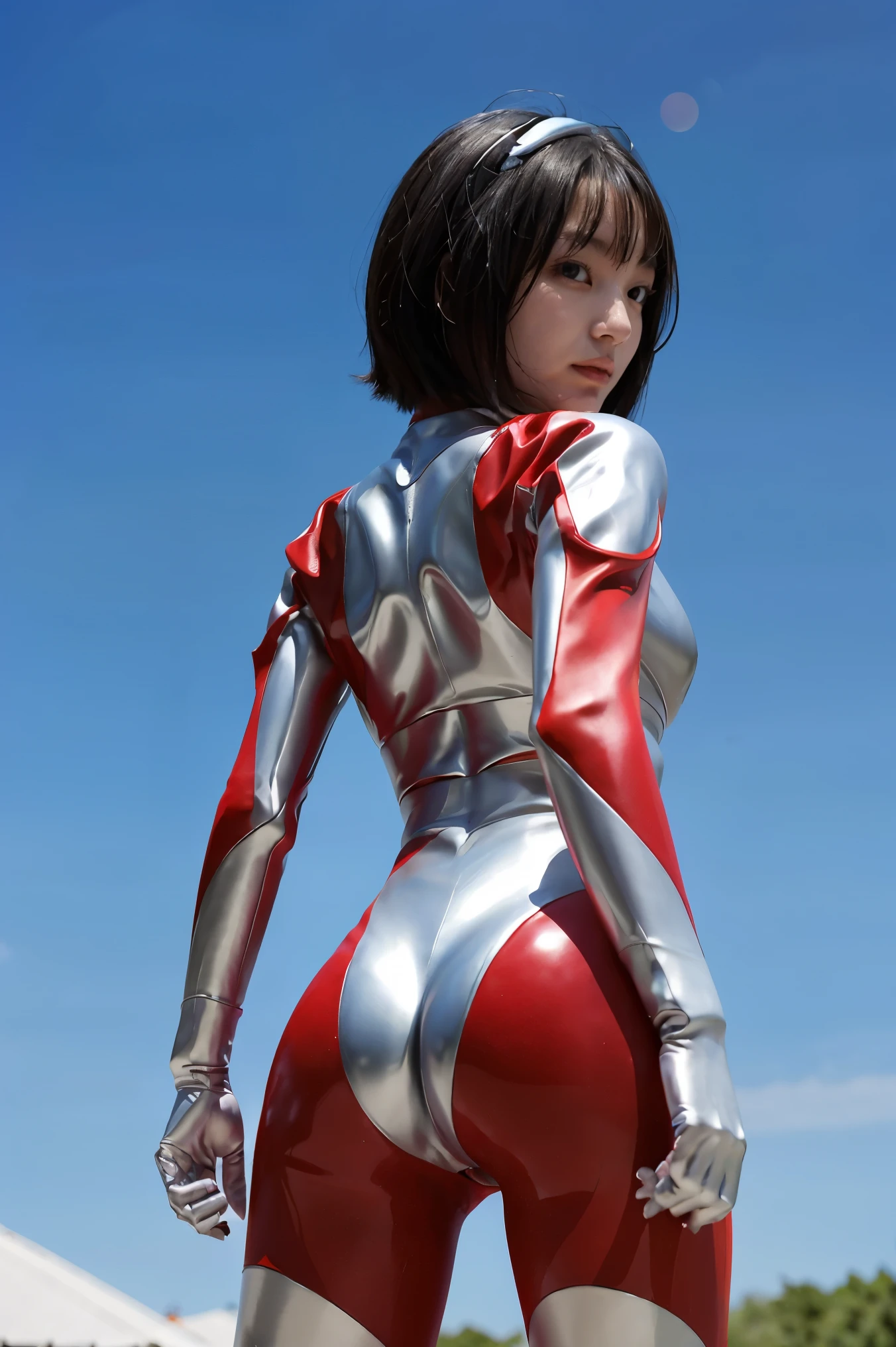 (((blue sky with cloud in background))), Ultraman、realistic、realistic、cinematic lighting, Girl in a shiny red and silver suit、18 years old、professional photo, Japanese model, Japanese cgi、Ultraman Suit、tight and thin cyber suit, Whole body rubbery delicate body, big breasts、small ass、thin thighs、thin arms、thin waist、、Both sides of the cyber suit stick to the skin、Big eyes、black short hair、facing the front、facing the front、A glowing sphere is embedded in the chest.