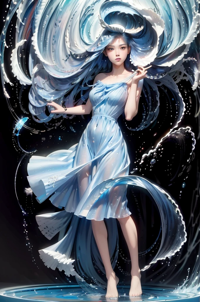 (masterpiece, best quality, high quality, highres, ultra-detailed), 1girl,solo,light_blue_hair,liquid hair, long hair,floating hair, full body, standing,sundress, liquid clothes,water dress,  best quality, 8k, detailed skin texture,  beautiful detailed face, intricate details, ultra detailed,dancing,   skirt_tail,