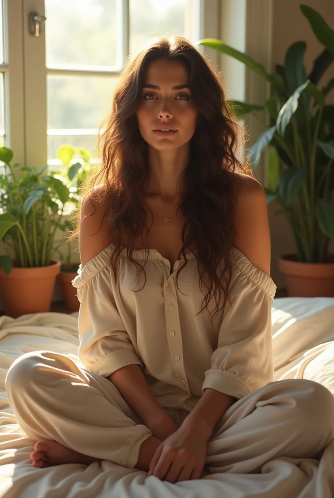 (photorealism:1.2), beautiful woman, sitting on bed, wearing loose off-shoulder top, pajama pants, long curly hair, indoors, soft lighting, plants in background, window with sunlight, cozy room, relaxed pose, realistic, intricate details, warm colors, by Greg Rutkowski, by Alphonse Mucha