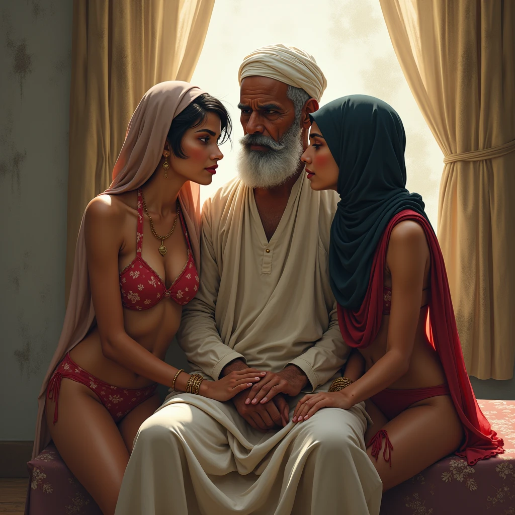 old indian man surrounded by a harem of beautiful white girls, dozens of girls