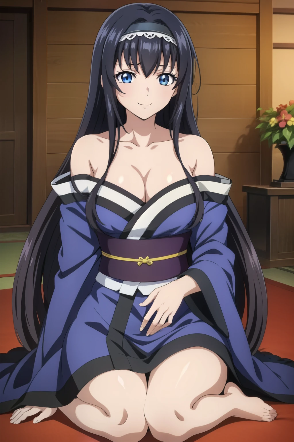 1 girl, cute, black hair, long hair,1girl, ((off-shoulder kimono)), ((flower embroidery print)), long sleeves, smile, hair band, sittinging, (anime cels style, Masterpiece, best quality, high resolution, anime colored, anime style, anime sharp, 8k), (beautiful blue eyes:1.5), (perfect detailed anatomy, perfect hand, beautiful face, perfect body, shiny skin), shrine in the background,  full body