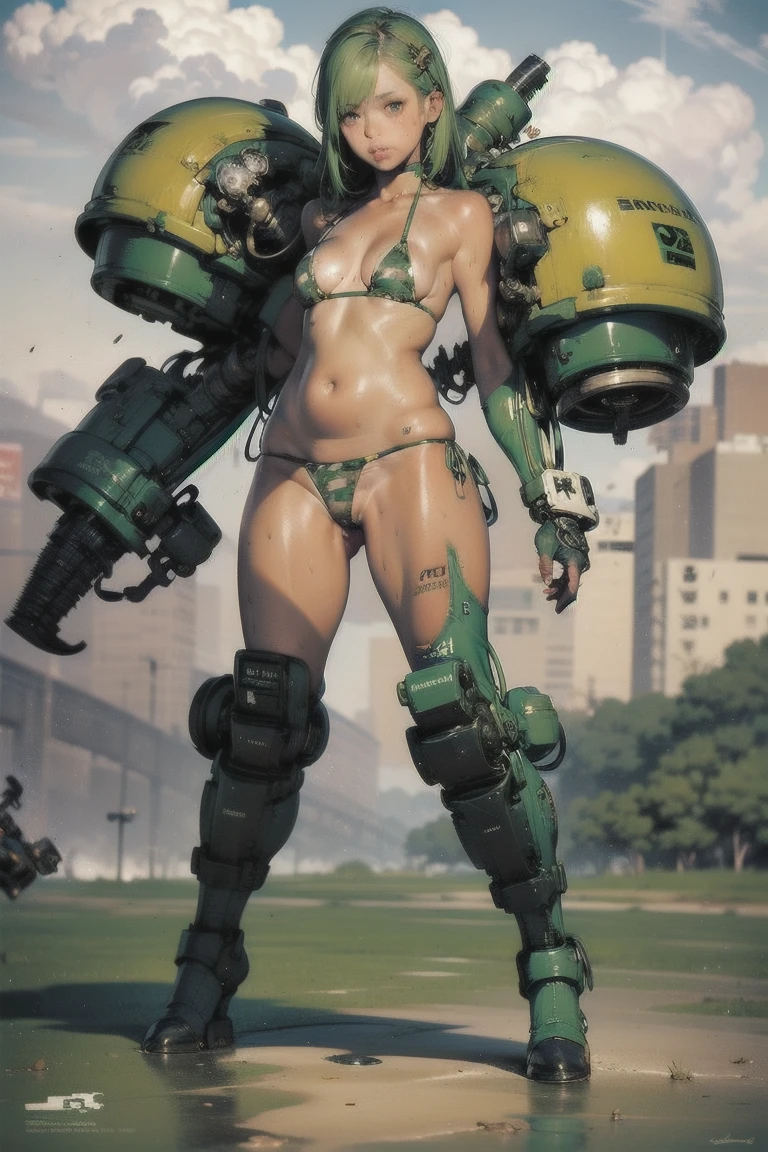  beautiful woman in a slingshot bikini with camo patterns, Camouflage Patternのメカニカルビキニ,  torn military uniform,  Mechanical Soldier Girl ,  large mechanical exoskeleton, camouflage pattern on the arms of large robotic gloves and legs of robotic boots, Shiro Masamune , Camouflage Patternのメカ装甲の女の子, Mechanized valkyrie girl,  kashart kentz ,  Cool Mecha Style , ビキニアーマーにCamouflage Pattern, ry Girl, Skin only,  Athletic and Toned Body, Sweaty skin,  Little Clothes , Camouflage Pattern,  beautiful Face, Dieselpunk Theme,  FIVERR DND CHARACTERS ,  octane render ,   digital art ,  Extremely Detailed, 4K, , Polished,  beautiful,  hyper detail,  complicated, Exquisite , Close up portrait of ,  photorealistic,  sharp concentration, Wow, Character design,  Unreal Engine ,  3d rendering ,   volumetric lighting ,  reflections ,  shiny, Combat Stance,   full body shot , anatomically correct, glasses