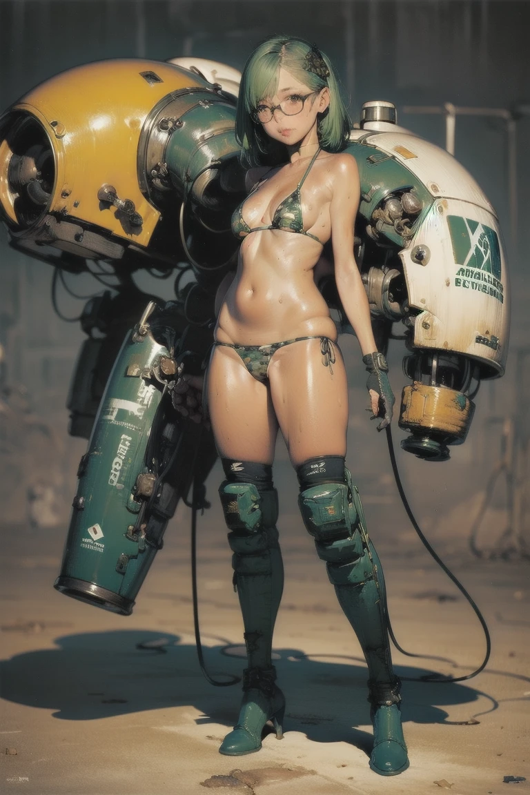  beautiful woman in a slingshot bikini with camo patterns, Camouflage Patternのメカニカルビキニ,  torn military uniform,  Mechanical Soldier Girl ,  large mechanical exoskeleton, camouflage pattern on the arms of large robotic gloves and legs of robotic boots, Shiro Masamune , Camouflage Patternのメカ装甲の女の子, Mechanized valkyrie girl,  kashart kentz ,  Cool Mecha Style , ビキニアーマーにCamouflage Pattern, ry Girl, Skin only,  Athletic and Toned Body, Sweaty skin,  Little Clothes , Camouflage Pattern,  beautiful Face, Dieselpunk Theme,  FIVERR DND CHARACTERS ,  octane render ,   digital art ,  Extremely Detailed, 4K, , Polished,  beautiful,  hyper detail,  complicated, Exquisite , Close up portrait of ,  photorealistic,  sharp concentration, Wow, Character design,  Unreal Engine ,  3d rendering ,   volumetric lighting ,  reflections ,  shiny, Combat Stance,   full body shot , anatomically correct, glasses