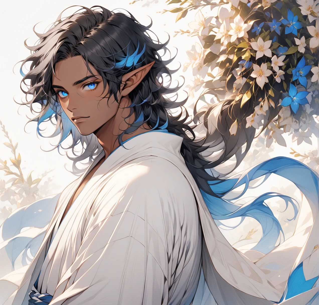 Male, appears 24 (5'6") delicately built with pronounced curves,pointy ears,elf. Shoulder-length black hair with blue tips. Blue eyes. Tan, dark skin, loose robes