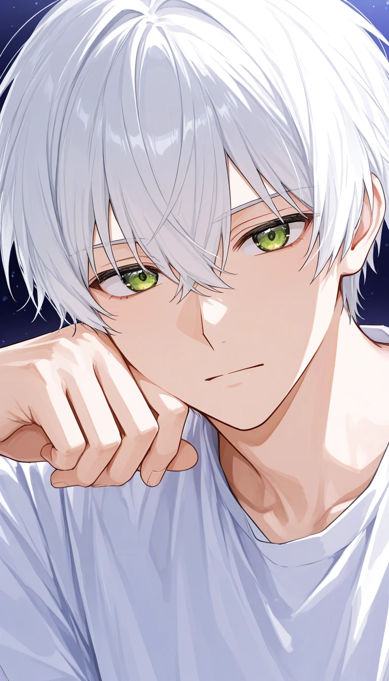 Anime, handsome, young man, Idol, short white hair, green eyes, white shirt, close up look.