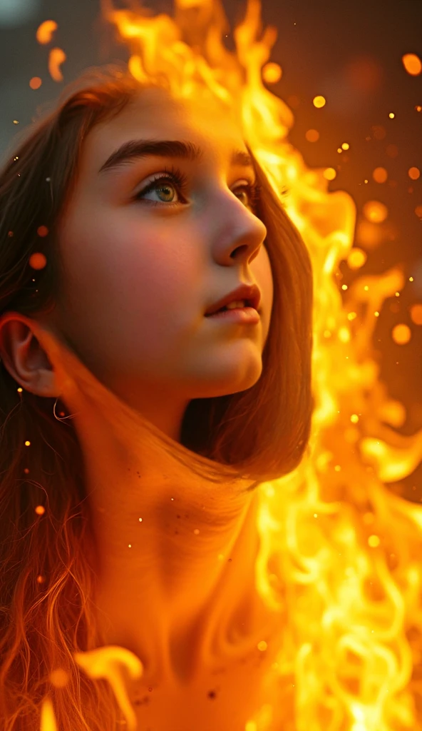  hyper-realistic closeup, Fire over and entirely engulfing and covering a screaming girl, flames wrap and curl over the girl as they flow over her and burn her, the girl is fully ablaze, the girl is screaming in pain as she burns to death, filled with fire, flames block the girl almost entirely, her skin is blackened and charred, her body is on fire, full body, lake of fire, teen, demon behind girl