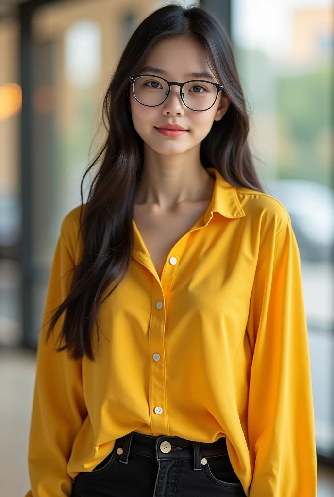 A closeup of a woman wearing a hat and glasses, mulher amarela bonita, Tema amarelo cabelo ondulado, girl wearing round glasses, Roupas amarelas, girl with glasses, wearing gold glasses, amber glasses, foto da mulher jovem, senhora usando vestido amarelo, usando um vestido amarelo, com panos amarelos, tonalidade amarela, mulher bonito, with hat, beautiful female, linda senhora