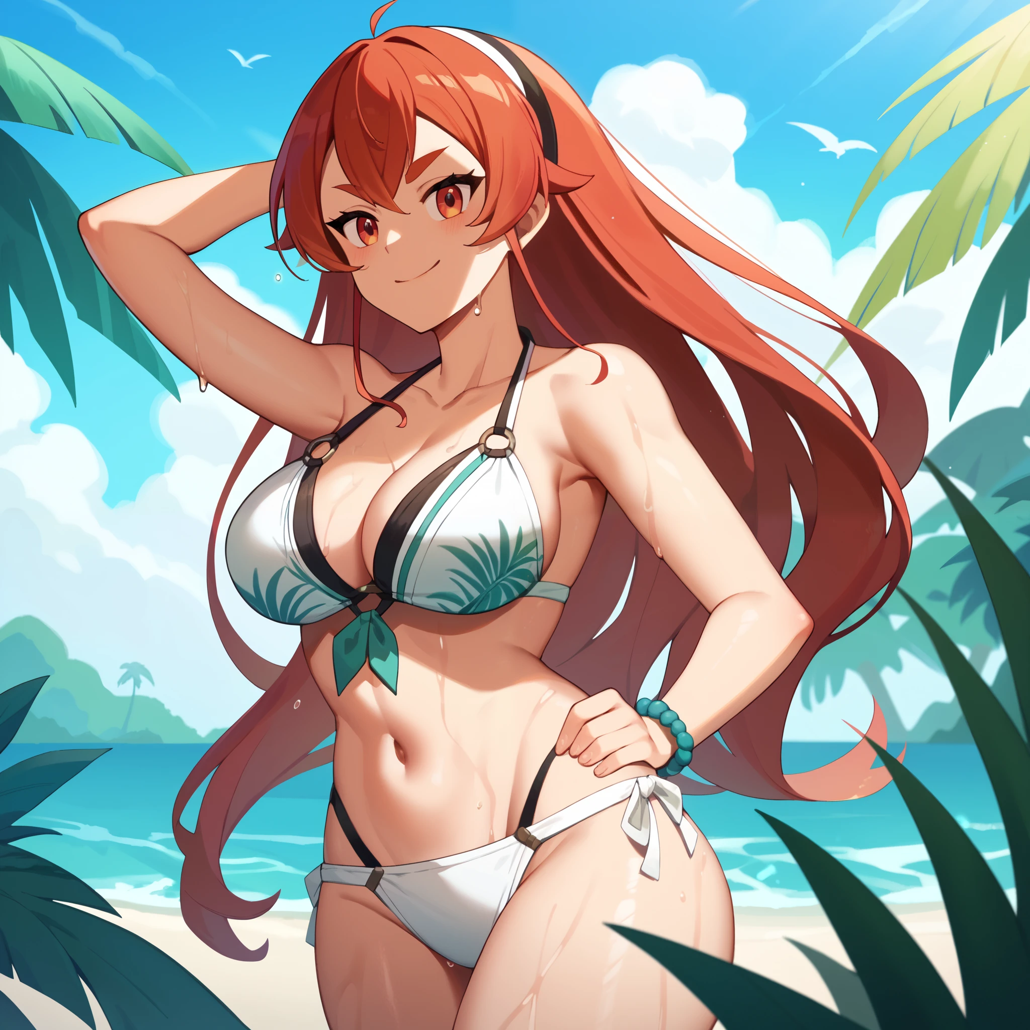  Eris Boreas Greyrat, red hair,  25 years, Ojos rojos, short eyebrows,   seductive look  , Big Breasts,  bikini negro ,  wet body  ,is walking on a tropical beach,  long hair.  Very long hair . 1 woman only.