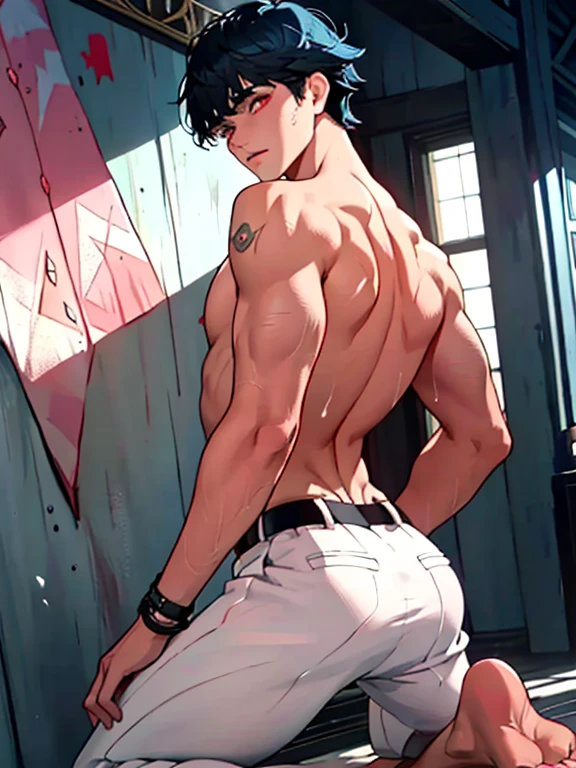 ((Best Quality, 8K, Ultra-detailed, masutepiece: 1.3)), underground room,An 18-year-old boy is imprisoned by a pervert.,His hands are tied and he hangs from the ceiling.,Facing the front,Short-haired with black hair,Black eyes,(Cute baby face:1.1),As handsome as a model, jock strap,toppless, Sweat vapor, Crying face,Reluctant face,blush,Parted lips,Fierce resistance,fullnude, Bondage,Panties,What BDSM looks like,A vibrator is inserted into the anus,Sexy underwear,The bulge of the vibrator can be seen from the underwear,gargantilha,noose,chain,High-quality images,High-quality images,Realisticity,detail portrayal,Vivid colors,