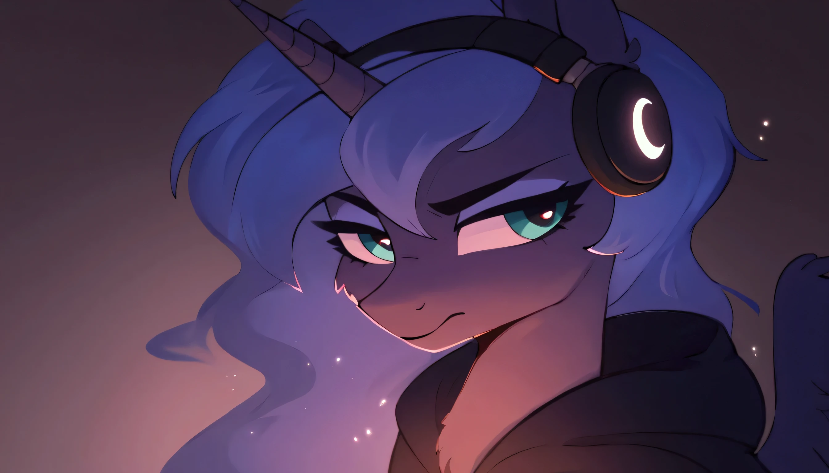 Score_9, Score_8_up, Score_7_up, Score_6_up, a serious alicorn unicorn, player of Princess Luna from My Little Pony, represented with a dark hoodie playing in a gamer chair looking at a screen where there are numbers that are 2025 with her back turned, where she is playing to the legendary 2D Geometry Dash game. Luna's mane flows in a wavy pattern of nighttime colors, with shades of blue, purple, and violet mixing with each other. She has her back in the frame with neon gaming headphones looking at the screen where she plays with a spoiled expression. The stage is a room.