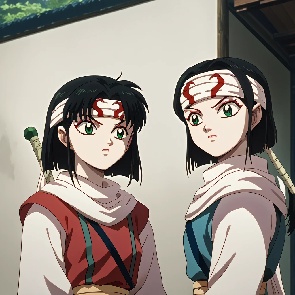    1girl,  (((Yura - Inuyasha PDXL)))  (((cowl )))))  (((headband)))  source_, score_9, score_8_up, score_7_up, score_6_up,  BREAK cowl ((((headband on forehead))))  bob cut medium hair standing next to wall looking ahead looking at viewer accurate clothing of image very detailed of clothing high quality clothing very beautiful girl