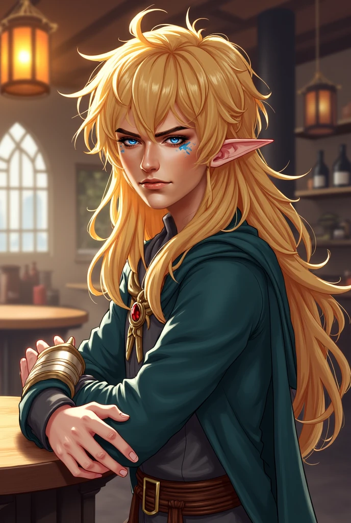 An elf male, very long messy wavy blonde hair, blue eyes and a seemingly heavenly aura, a paladin, he has androgynous features yet has a more matured and defined fetaures—all in  semi-realistic anime art, he is posing inside a tavern, this time. 