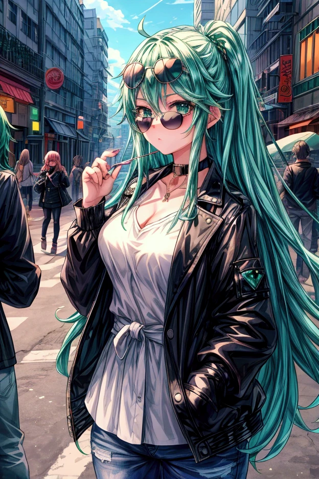 4k anime style, Smooth anime CG, 8k anime, Best quality, High resolution,Superdetail,city in background（E-City、Neon Street、Lots of skyscrapers、Will）、one girls（Wearing sunglasses on your head、Cool One Girl、Lift the sunglasses slightly with your hand、Look back、She has Long emerald green hair, Emerald green eyes, B-cup chest, Beautiful waist,She wear white shirt, Black jean jacket,Eyes showing through sunglasses、Pinching sunglasses with one hand）Composition（look from down、Slightly subtracted composition）