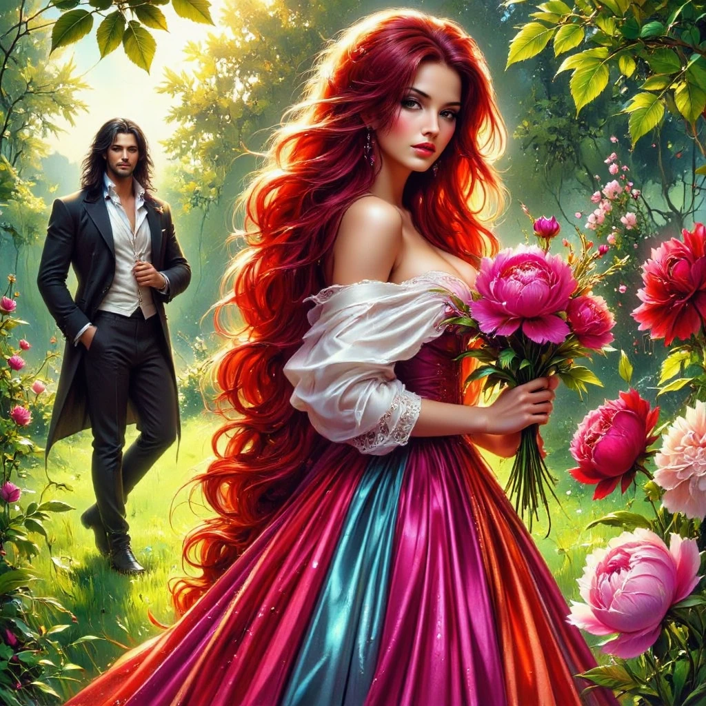  Glossing full-waist Full-body digital realistic illustration . A beautiful 18-year-old flirting woman in a contrasting bright colorful organza and satin satin dress with SHINY STRAIGHT red hair is standing on the grass, holding flowers in his hands. A handsome massive BRUTAL SEXY man with long black hair looks at her, in a white shirt ,pants and boots .  Victorian garden with peonies . Sunlight illuminates every blade of grass ,leaf, flower. BRIGHT,textural, three-dimensional , bright rich complementary colors .  flowing hair .textural.  correct anatomy proportions .right hands .  Model beautiful faces . The overall color palette is creating a vivid and haunting visual experience. The illustration is rich in detail, with textures that mimic real fabric and stone, enhancing the realism of the scene.