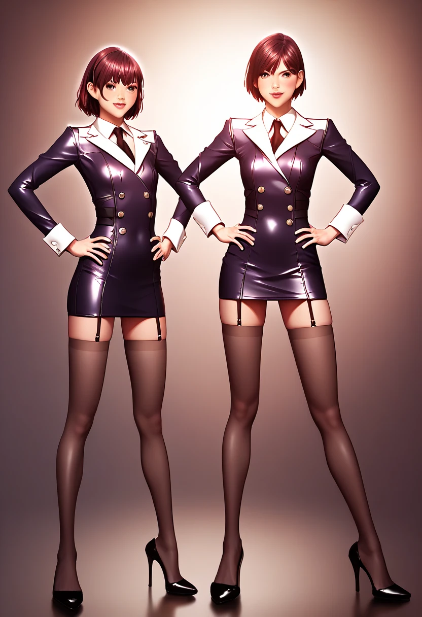 Female anime character, (ethnicity:1.5), (age:2.0),  (detailed clothing:1.2), (accessories:1.1),  (body type:1.2), (pose:1.3),  in a dark purple business suit, (detailed suit:1.2),  (detailed clothing:1.1), (tight stockings:1.3),  (high heels:1.1).  Standing confidently, hands on hips, facing directly at viewer, centered in frame,  (expression:1.2),  (facial features:1.3).  Dark red hair, shoulder length, (hair style:1.2), studio style background.  Simple studio backdrop,  (smooth color gradient background),  medium lighting, photorealistic style, vibrant anime style, digital illustration, (detailed skin texture:1.2), high detail, sharp focus, 8k resolution.