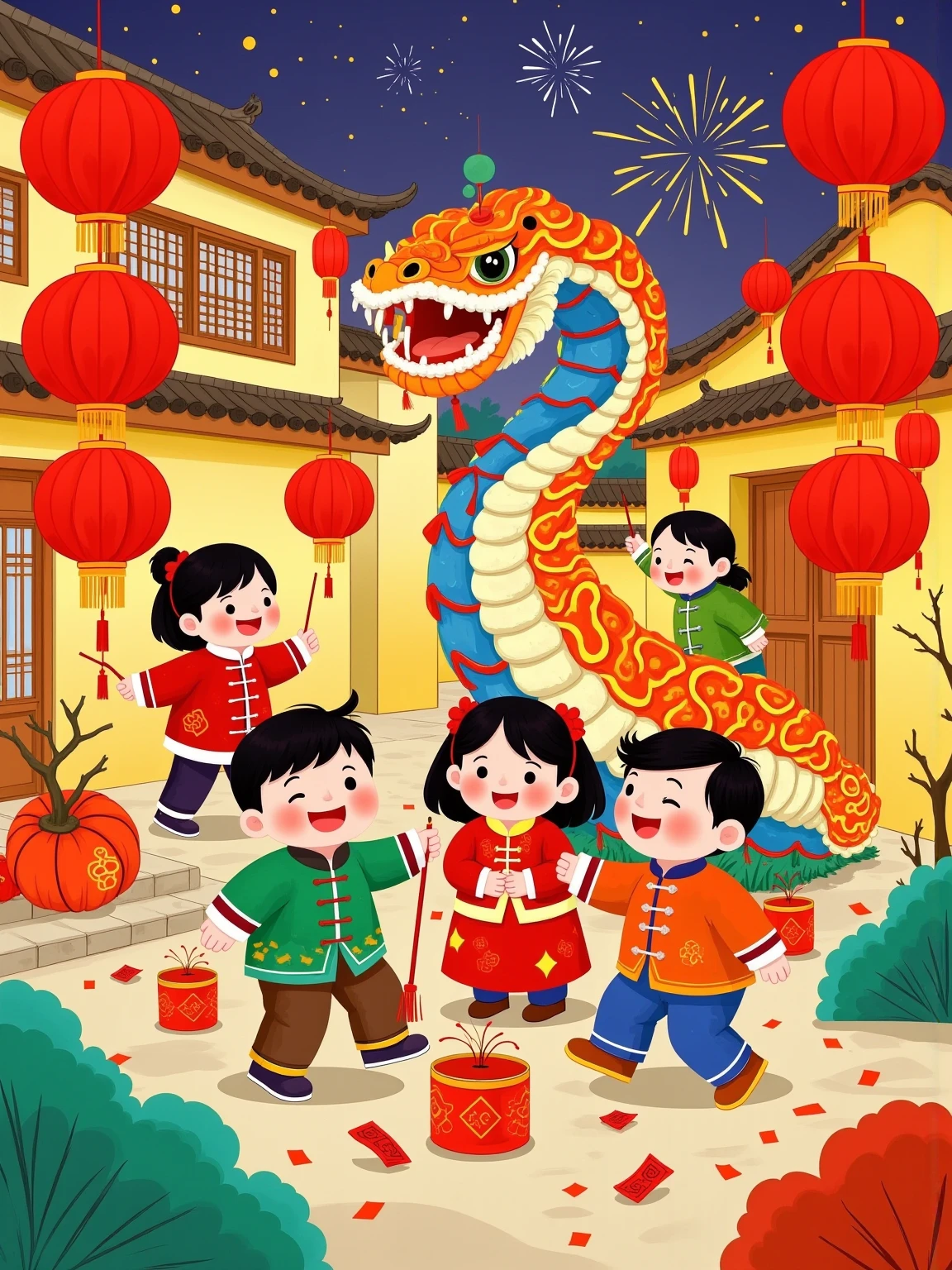 The snake bends into a number  "2025,"  a family of four , creates a Chinese New Year atmosphere .  This illustration uses a flat and colorful style,With geometric patterns.  The lines and shapes are eye-catching , with vibrant colors , The cartoon image combines traditional art elements , expresses vividness and vivacity ,red