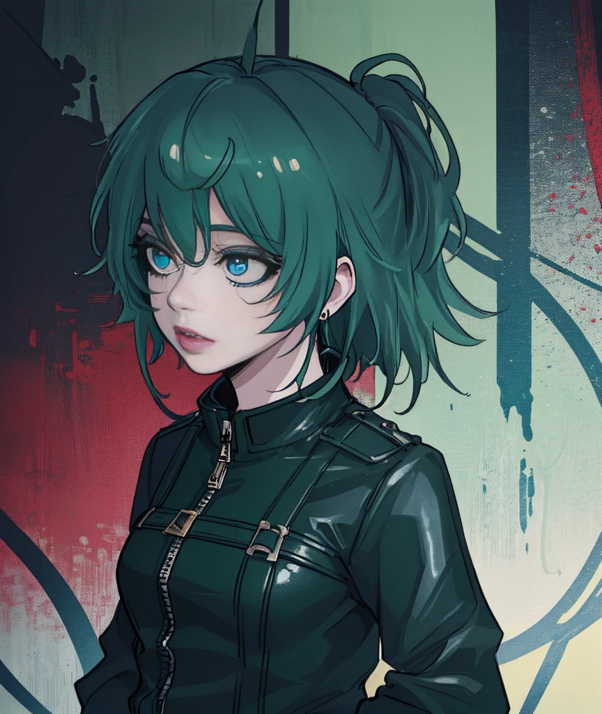 a highly detailed green-haired girl, beautiful detailed eyes, beautiful detailed lips, extremely detailed eyes and face, long eyelashes, 1 girl, beautiful women, large and full breasts, leather jacket, short skirt, punk fashion, (best quality,4k,8k,highres,masterpiece:1.2),ultra-detailed,(realistic,photorealistic,photo-realistic:1.37),(dark green color:1.3)