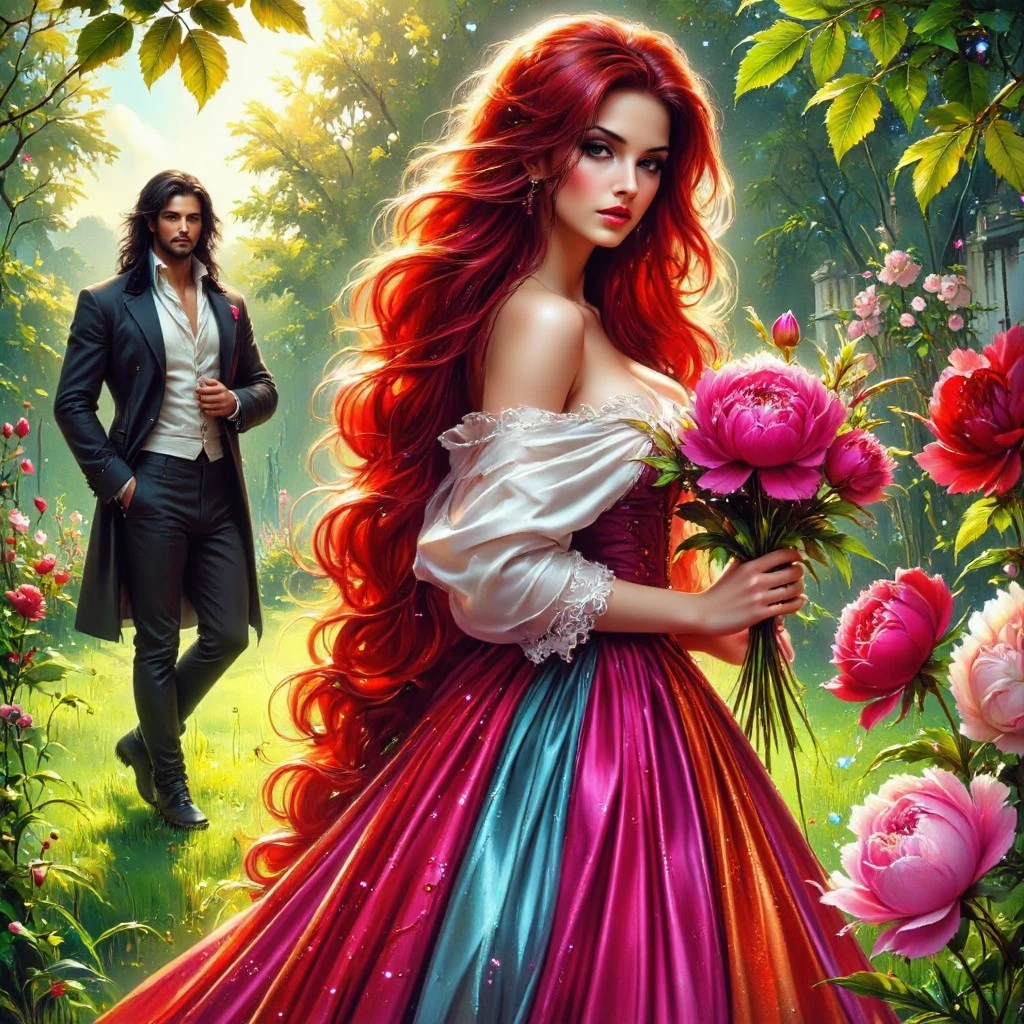  Glossing full-waist Full-body digital realistic illustration . A beautiful 18-year-old flirting woman in a contrasting bright colorful organza and satin satin dress with SHINY STRAIGHT red hair is standing on the grass, holding flowers in his hands. A handsome massive BRUTAL SEXY man with long black hair looks at her, in a white shirt ,pants and boots .  Victorian garden with peonies . Sunlight illuminates every blade of grass ,leaf, flower. BRIGHT,textural, three-dimensional , bright rich complementary colors .  flowing hair .textural.  correct anatomy proportions .right hands .  Model beautiful faces . The overall color palette is creating a vivid and haunting visual experience. The illustration is rich in detail, with textures that mimic real fabric and stone, enhancing the realism of the scene.