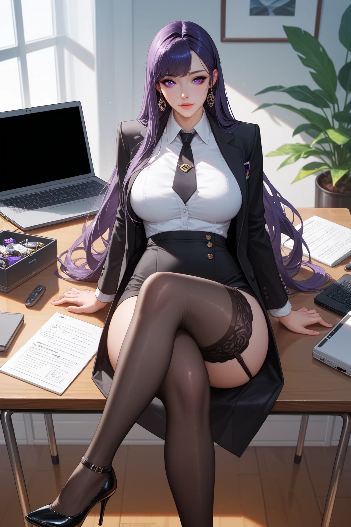 (Masterpiece, Best Quality, High Quality:1.4), professional artwork, Intricate Details, field of view, sharp focus, detailed painting, masterpiece, cinematic lighting, trending on pixiv, (vivid lighting, vibrant colors, by Nagasawa Rosetsu:1.05),
Hiroko Takashiro, (mature female, milf:1.1), solo, (curvy:1.1), sitting on an office desk with crossed legs, office, (full body shot:1.1),
(red hair:1.05), long hair, lipstick, makeup, ultra detail hair, ultra detail face, (purple eyes:1.05), perfect eyes, perfect face, earrings, (confused, blush:1.2),
shirt, jacket, (black thighhighs, garter belt:1.1), zettai ryouiki, pencil skirt, office uniform, highheels,
(Large Breasts:1.1), Cleavage, big ass, thighs,