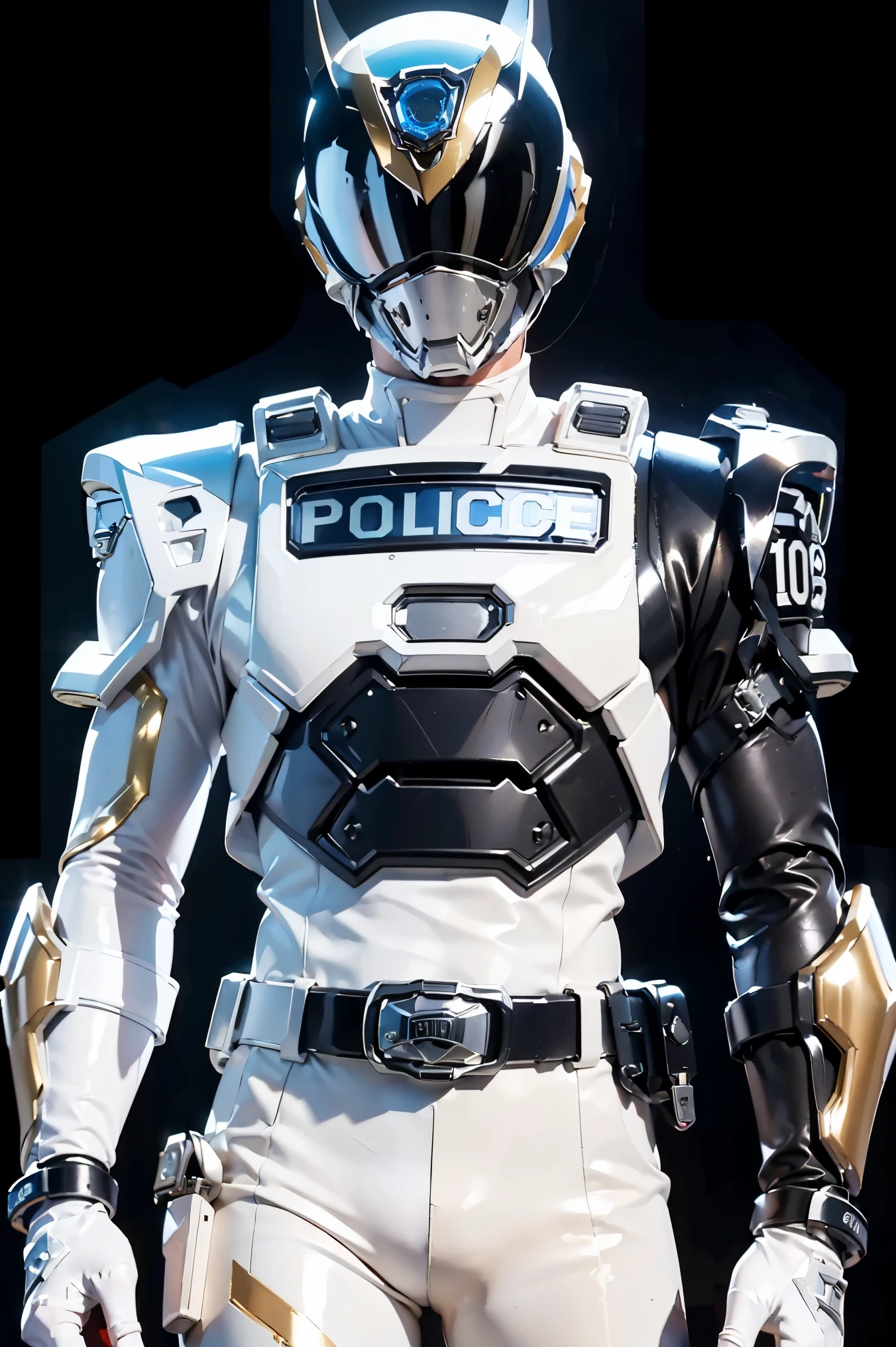 1boy, full body, Illustration, cinematic light, high resolution, best quality, ultra-detailed, masterpiece, power suit, powerranger, suit, spd, (Silver and Gold chest plate), white and gold detail, (((white suit))), ((police theme:1.2)), jetpack, ((high classy background))