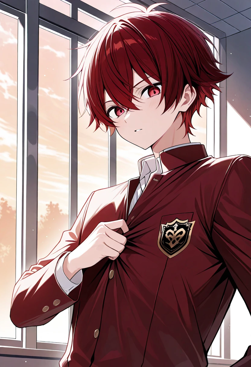  dark red hair， red eyes，whole body，male，School Uniform