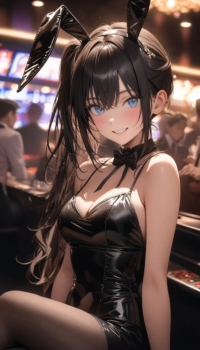 masterpiece, great quality, ultra detail, illustration, game cg, 1girl, solo, (FGOErice), collarbone, cleavage, blush, standing, bunnygirl, bunny ears, detached collar, wrist cuffs, pantyhose, strapless leotard, outside, neon lights, crowd
